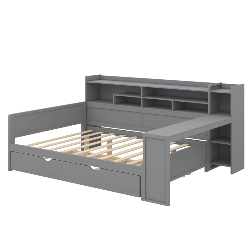 Lit de jour Timber avec supports de rangement intégrés, comprend un lit gigogne escamotable et un bureau d'étude, Lit double