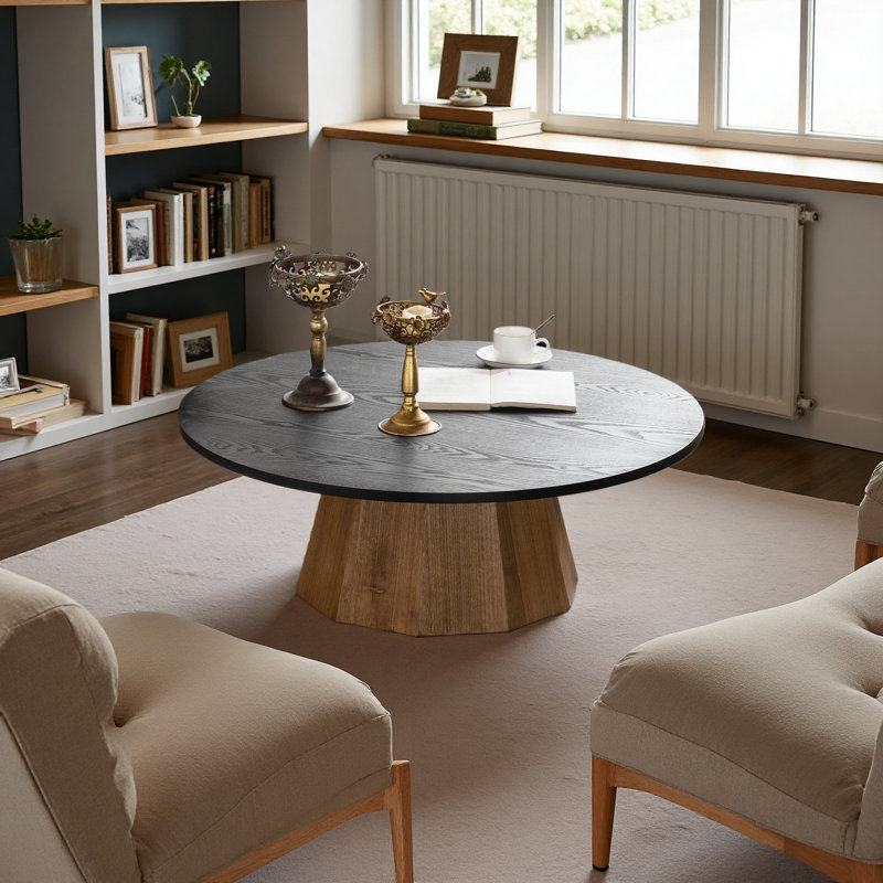 Round Coffee Table Sturdy Pedestal Wooden Tea Table For Living Room Easy To Assemble, 12.4" H x 35.04" L x 35.04" W