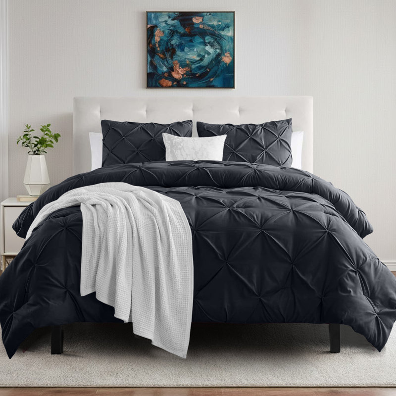 Luxury Brushed Microfiber Pintuck Duvet Cover Set - Soft, Wrinkle-Resistant, All-Season Bedding, Black