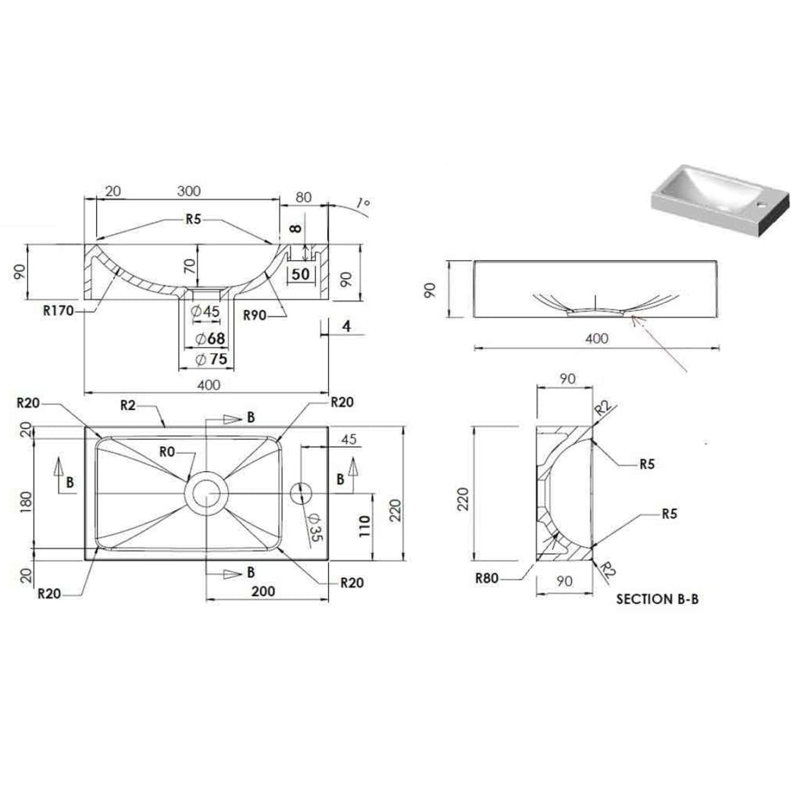 White SMC Rectangular Bathroom Wash Basin with Faucet Hole