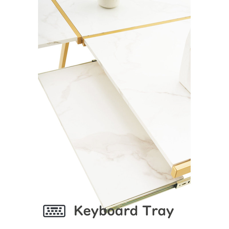 Ivinta L-shaped Metal Frame Computer Desk with Keyboard Tray 58'' W, White/Gold