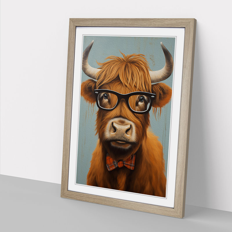 Highland Cow With Glasses Painting Framed Print, 46cm H x 34cm W x 2cm D, Oak Framed