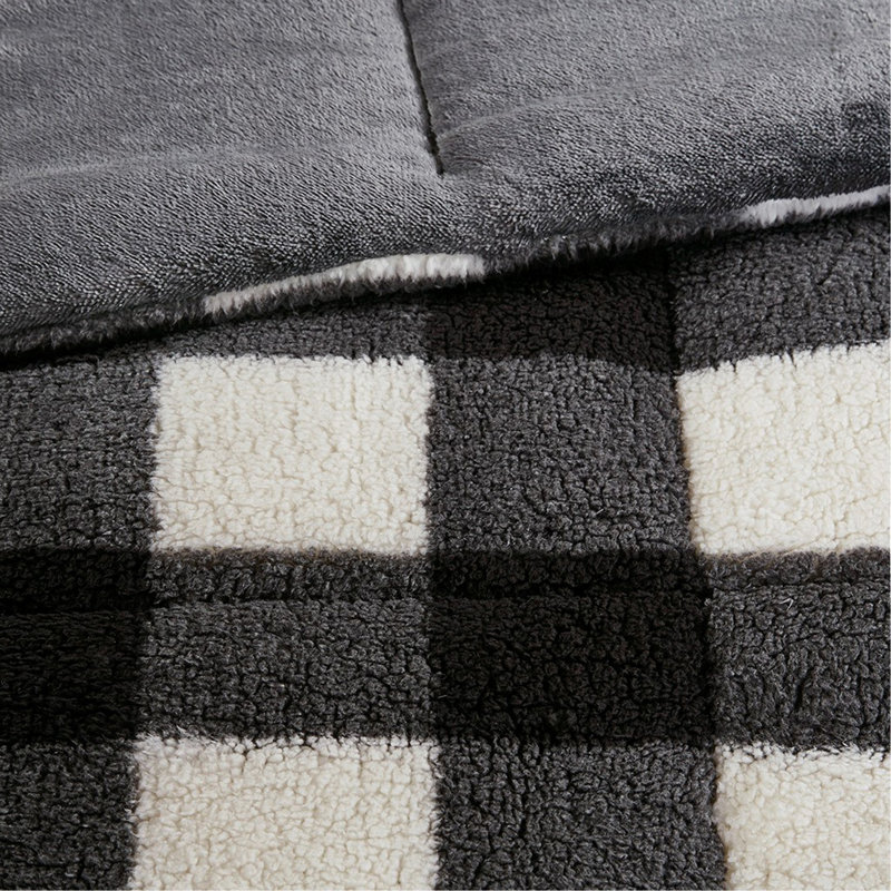 Ensemble d'édredon en duvet synthétique Sherpa, Très grand + 2 pièces supplémentaires, Noir / blanc carreauté