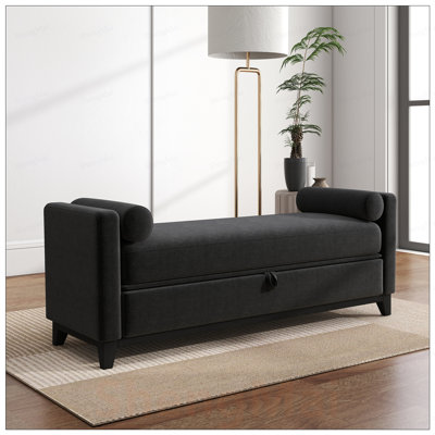 Sherpa Storage Bench with Solid Wood Legs, 2 Bolster Pillows, Multifunctional for Bedroom and Living Room