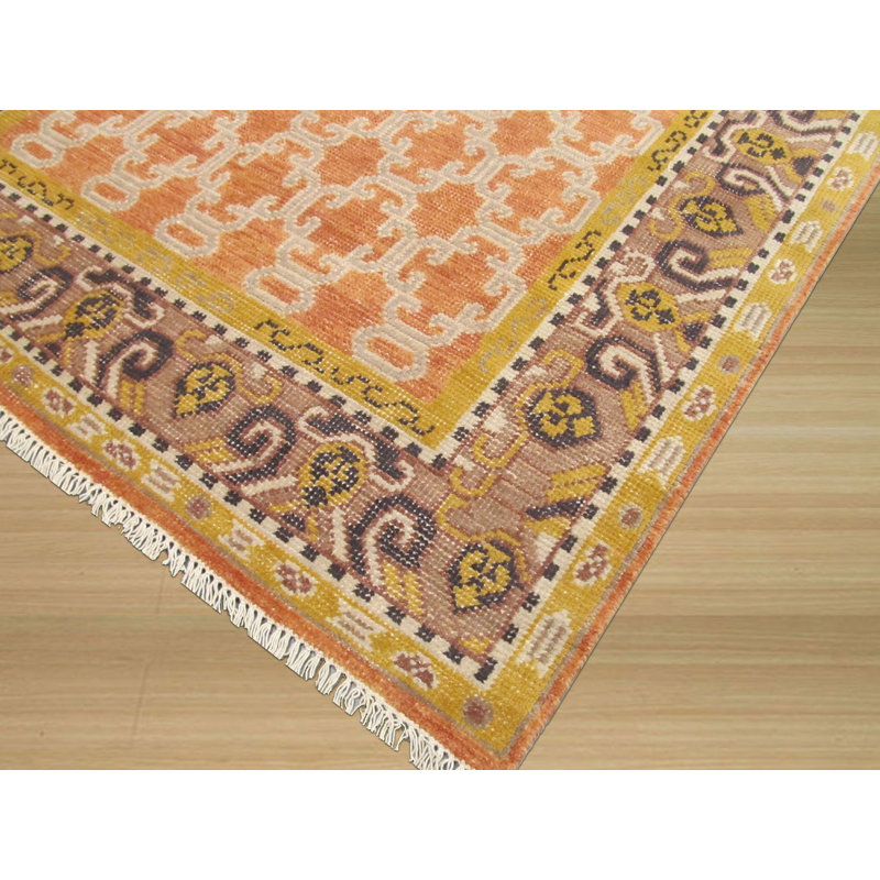 Tapis traditionnel orange en laine noué à la main Daandre, Rectangle 6 pi x 9 pi