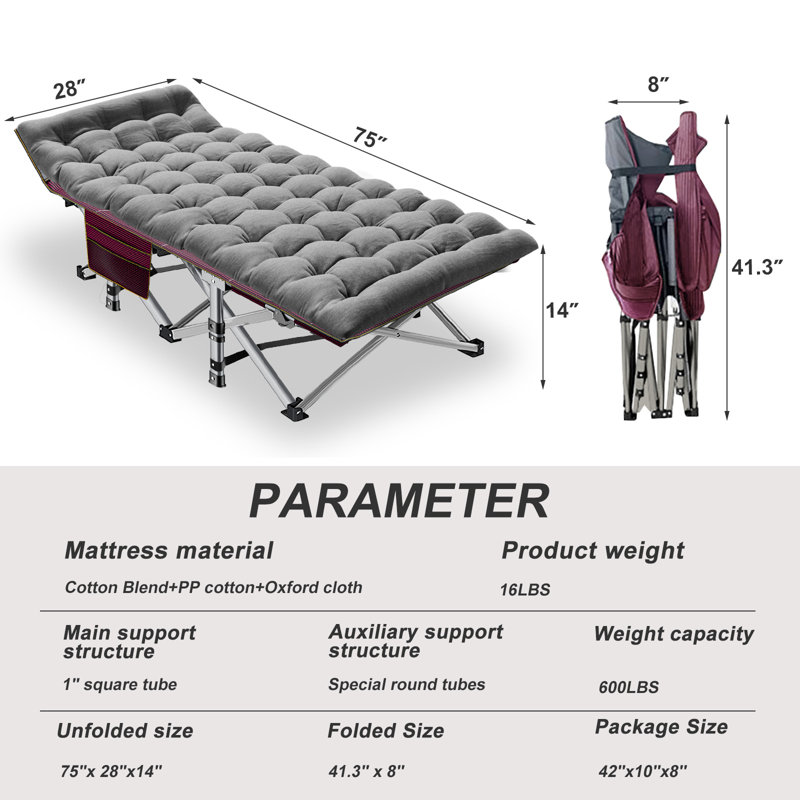 Pliant pour camper, lit robuste avec sac de transport, lit de camp portatif double couche Oxford, Rouge