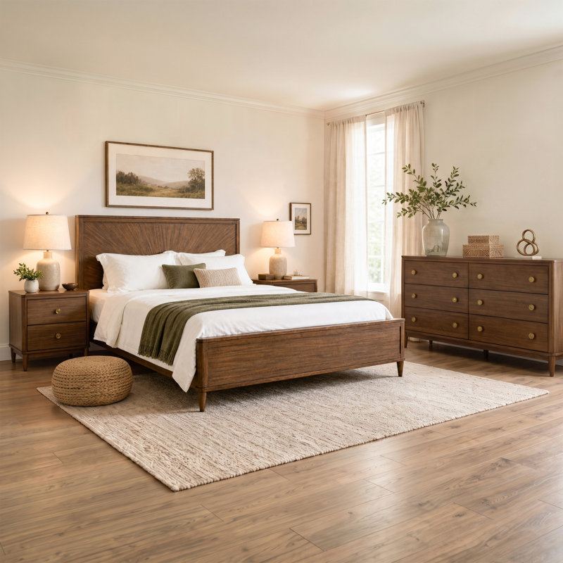 Ensemble de chambre à coucher en bois massif 4 pièces Arrandale, Ensemble de quatre pièces : lit, commode, deux ta, Grand lit