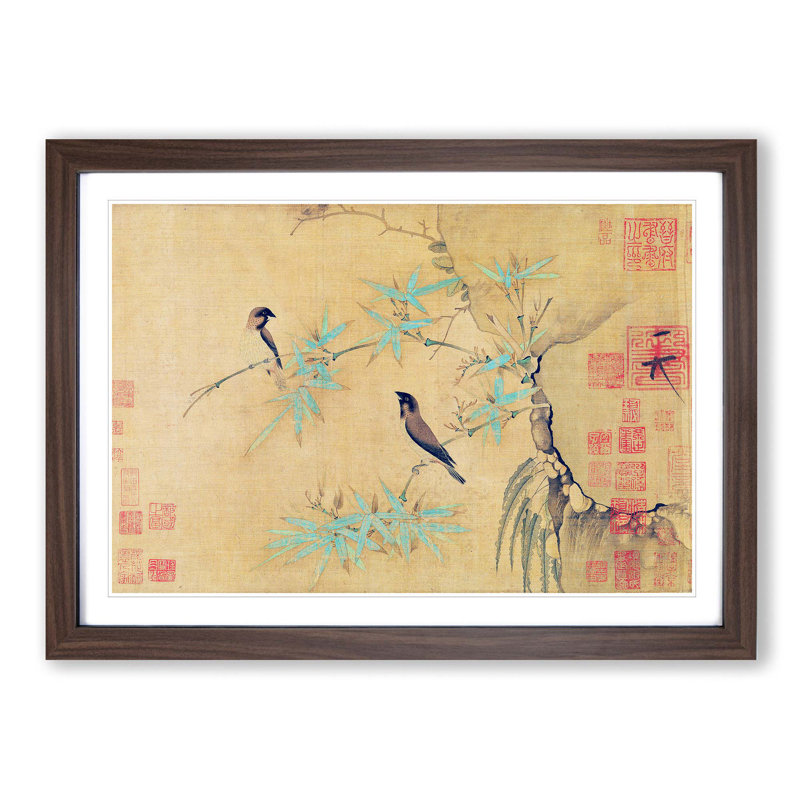 Finches on Bamboo by Zhao Ji - Picture Frame Art Print, Walnut Framed, 36cm H x 48cm W x 2cm D