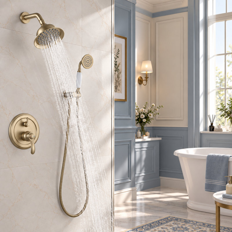 Vintage Shower System Round Rain Shower Head with Handheld Shower Classic Curved Shower Arm, Brushed Gold