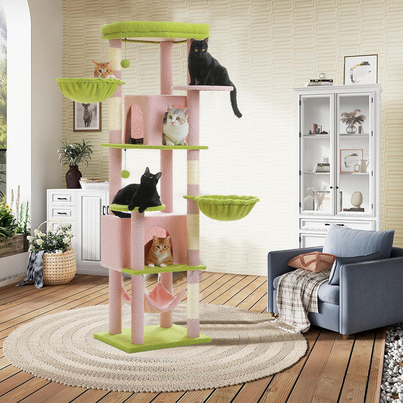 Arbre à chat de 71 po de haut, tour pour chat avec condos à chat, poteaux à griffes, lits supérieurs et boules suspendues