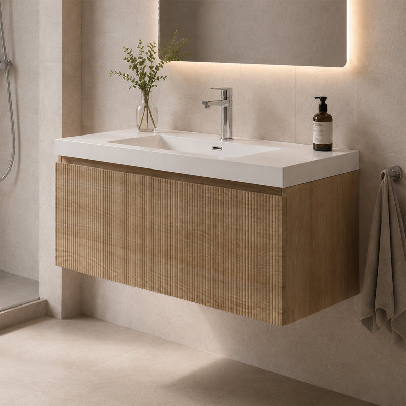 Meuble-lavabo flottant en chêne naturel 42 po avec lavabo simple blanc brillant RIVEN, Beige, 42 po
