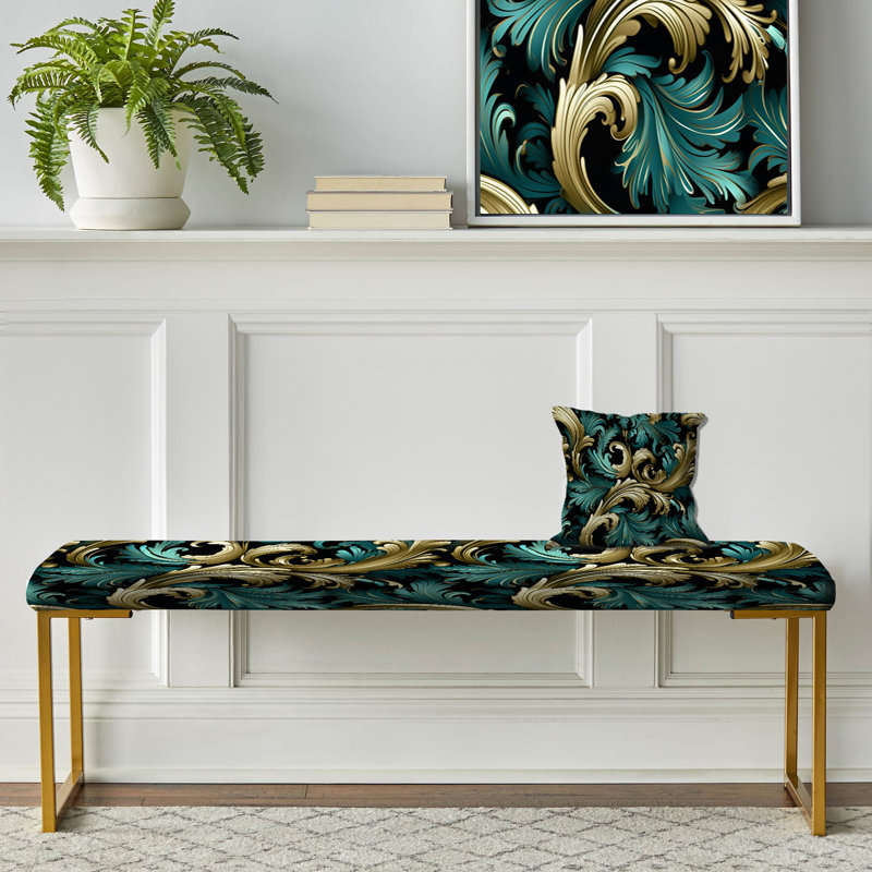 Motif damassé de luxe doré et vert - Banc rembourré en damas doré