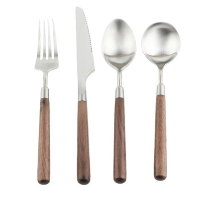 16-Piece Stainless Steel Flatware Set With Walnut Wood Handles - Elegant And Durable Cutlery For Restaurants