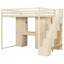 Lit mezzanine pleine grandeur de couleur beige, avec escalier latéral, tablettes ouvertes et coiffeuse de couleur beige, avec rangement intégré, rangement-929948798