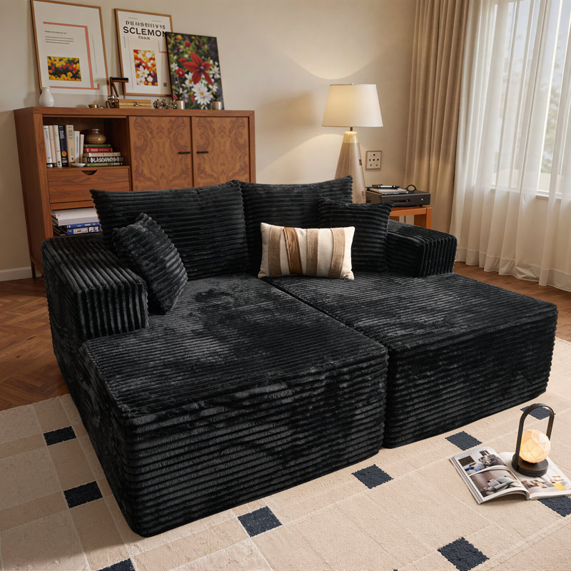 74.8" Plush Corduroy Modular Boneless Floor Sofa With Double Chaise — No Assembly, Fluffy Deep Seat Sleeper Couch Bed, Black