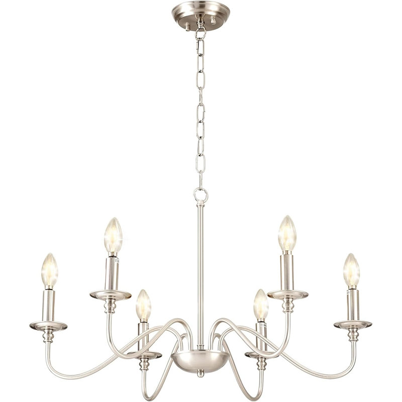 Modern Industrial Chandelier With 6-Light Candle Design, Adjustable Height, And Brushed Nickel Finish For Dining Room, Kitchen Island, And Living Room