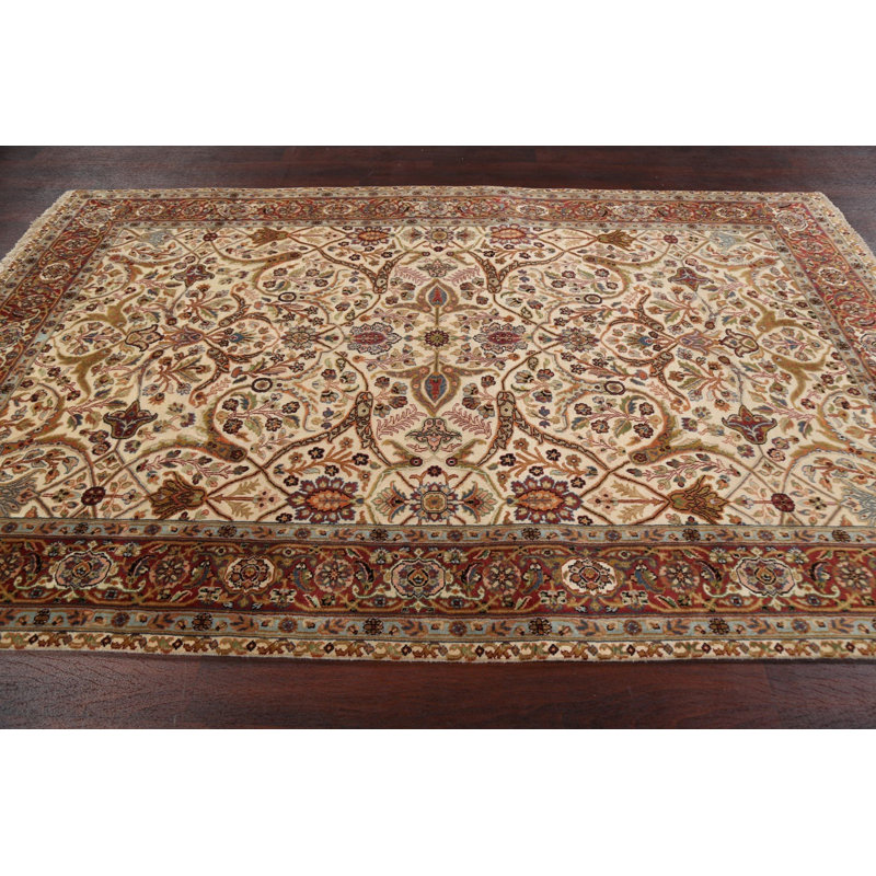 Tapis ivoire en laine noué à la main de conception unique 5 pi 10 po x 8 pi 10 po New Age