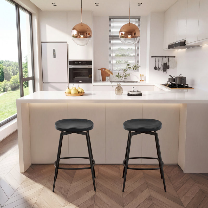 Lennon 24.8"H Industrial Solid Wood Swivel Backless Counter Stools with  Metal Base, Black Rubberwood