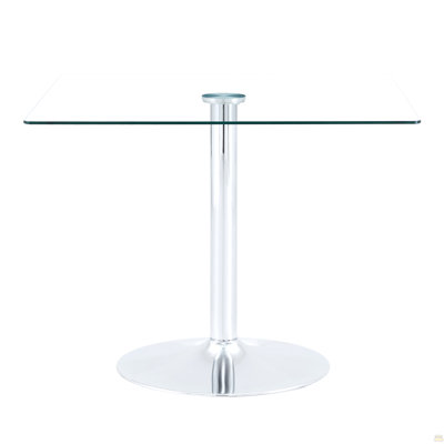 38.5-inch Modern Minimalist Square Glass Dining Table with Single-Column Metal Base. Available in Silver. Home dining table. Suitable for 2–4 people.