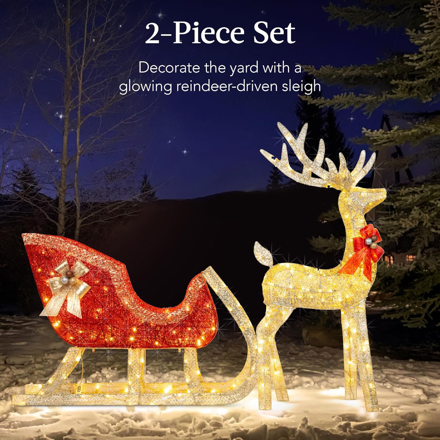 Lighted Reindeer Sleigh Yard Display, Gold, 48"H x 70"W x 15"D
