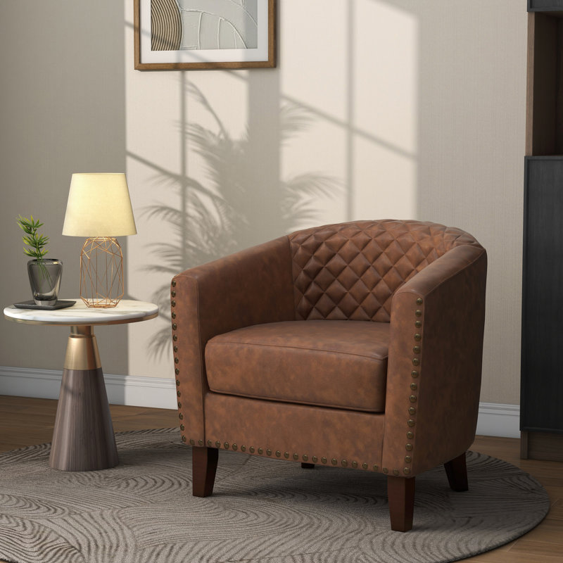 Edvardas 73.9 Cm Wide Tufted Barrel Chair, Brown Faux Leather