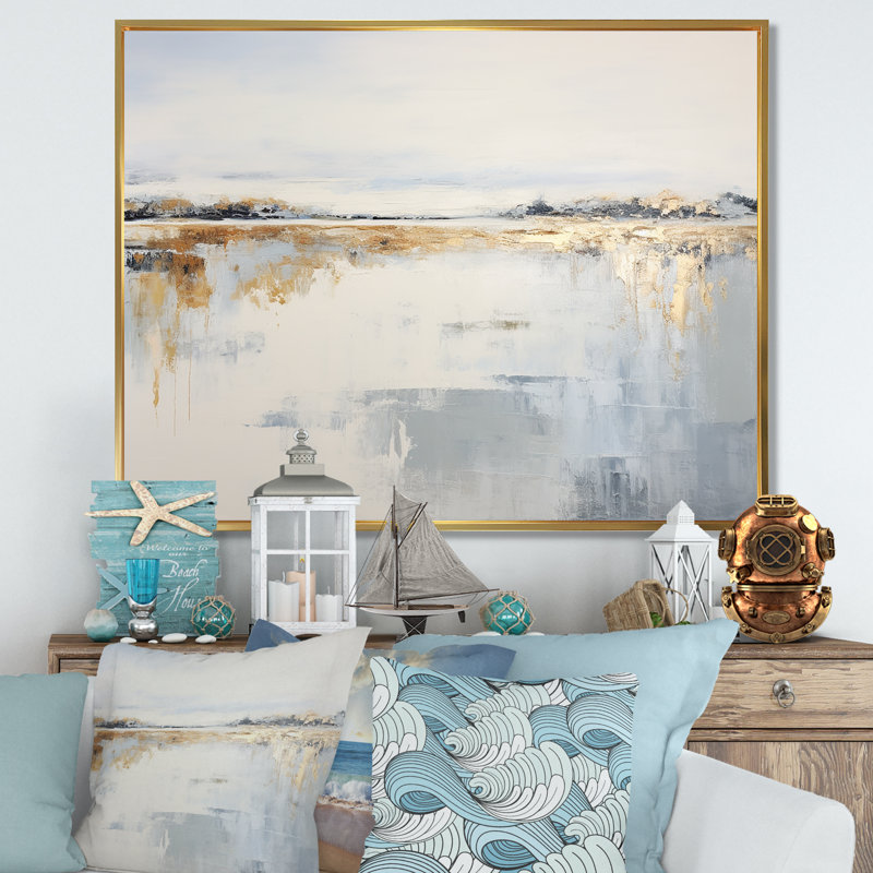 Horizon côtier beige audacieux et doré - impressions sur toile côtières, Cadre flottant doré, H 34 po x l 44 po x P 1,5 po