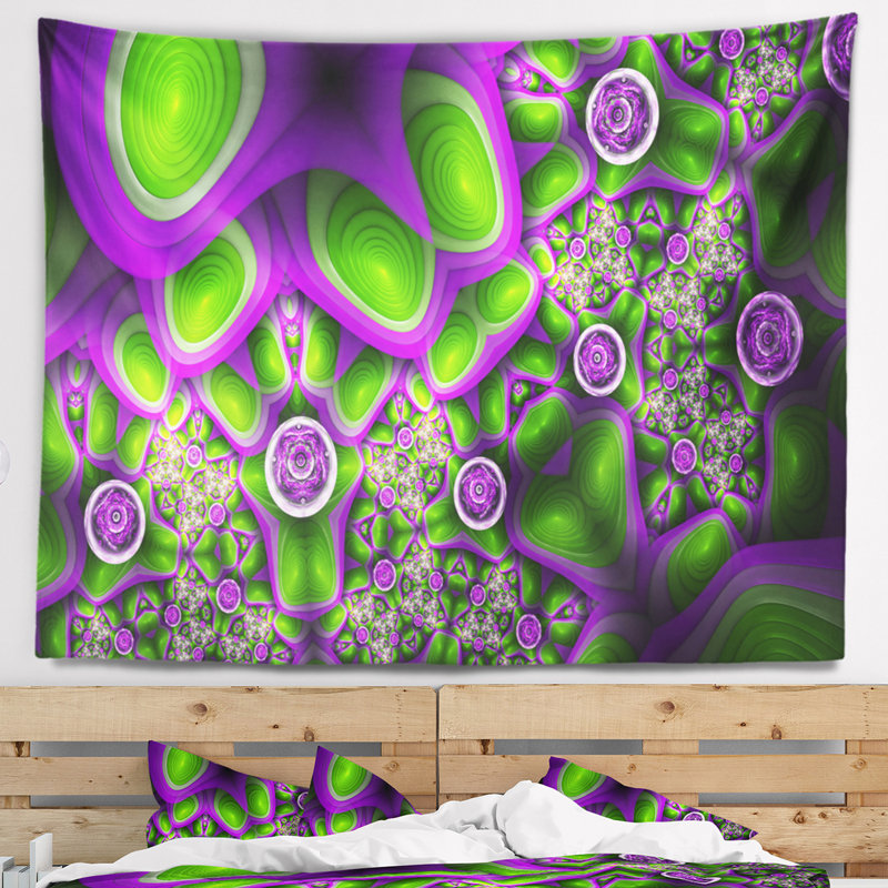 Tapisserie abstraite à motif exotique vert mauve, H 32 po x l 39 po