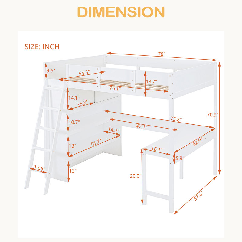 Lit mezzanine double avec bureau et tablette, Blanc