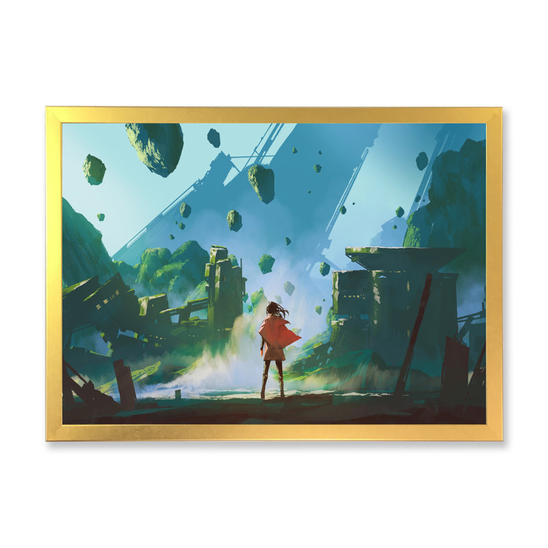 «Video Game Man Red Robe Look Ruins», peinture sur toile, H 16 po x l 32 po x P 1 po, Cadre doré à coins fermés