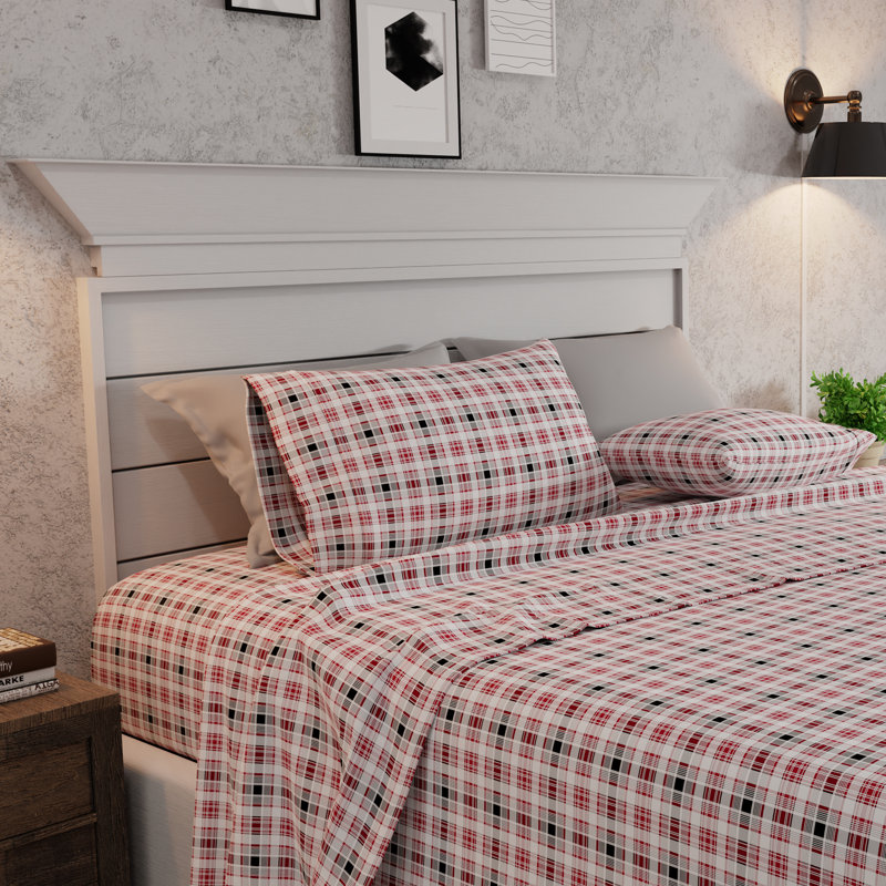 100% Cotton Super-Soft Flannel Sheet Set, King Sheet Set with Fitted Sheet and Pillowcase, Plaid, Red Black Plaid
