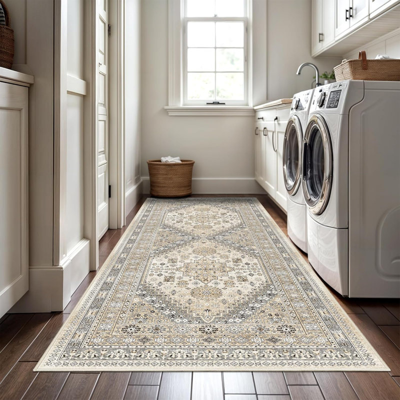 Tapis lavable antidérapant Medallion (beige), Tapis de couloir 3 pi x 8 pi