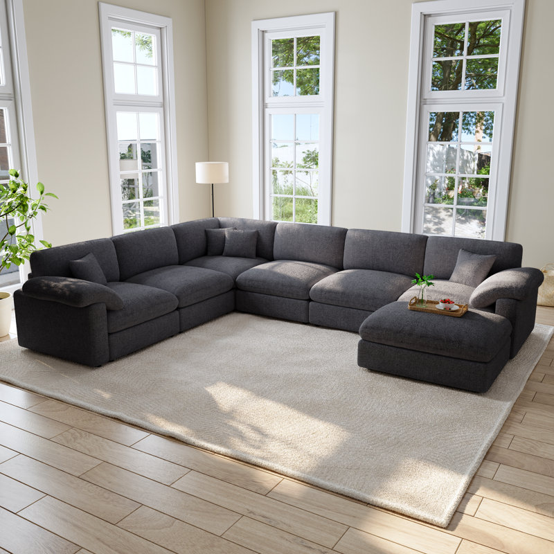 Modern 7 - Piece Corner Sectional Sofa Cloud Couch With Removable Ottomans, Dark Gray Fabric