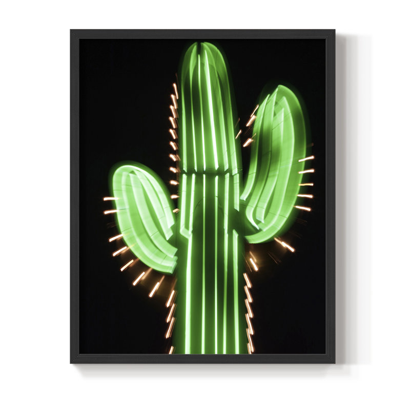 Neon Cactus Framed Print - Solid Wood, Black, 15" H x 12" W
