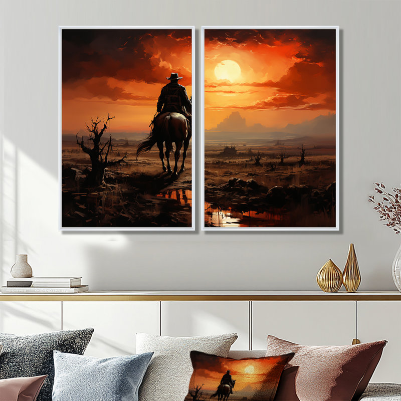 Cowboy Sunrise On The - ensemble de 2 décorations murales orange, H 36 po x l 48 po, Impression encadrée flottante, Blanc