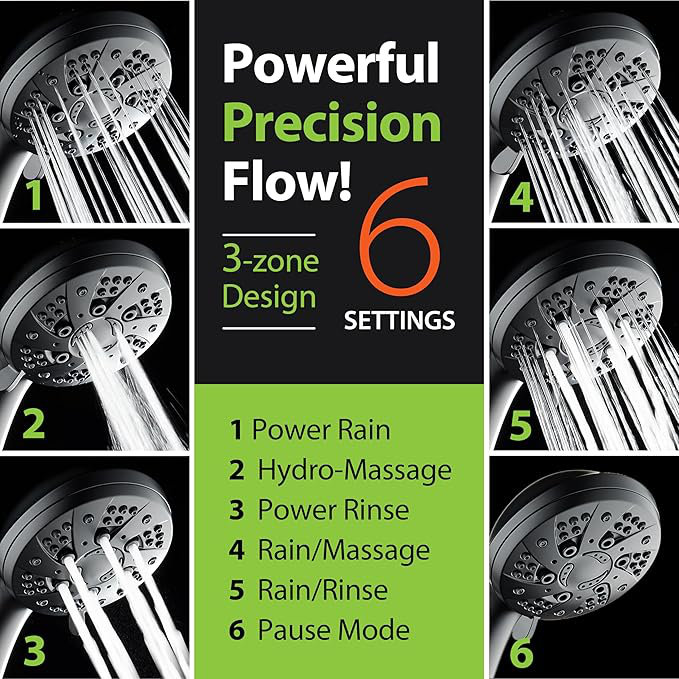 High Pressure 6-Setting 3.5" Chrome Face Handheld Shower with Hose for the Ultimate Shower Experience!