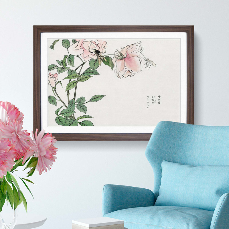 Bee Upon A Pink Flower by Morimoto Toko - Single Picture Frame Painting, 24cm H x 33cm W x 2cm D, Walnut Framed