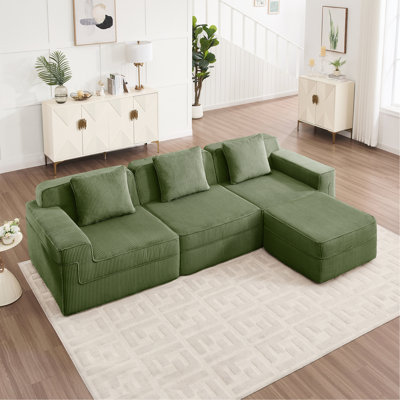 Canapé modulaire modulaire à 3 places en forme de L sans os, canapé modulaire Cloud avec assise profonde, canapé modulaire moderne à 3 places avec coussins décoratifs et 1 repose-pieds mobile, tissu velours côtelé vert