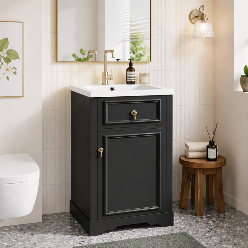 Meuble-lavabo moderne autoportant de 50 cm avec lavabo en céramique, porte simple à fermeture en douceur, idéal pour les petites salles de bain et les salles d'eau.