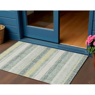 Tapis extérieur lavable rayé 3 pi x 5 pi turquoise et vert lime