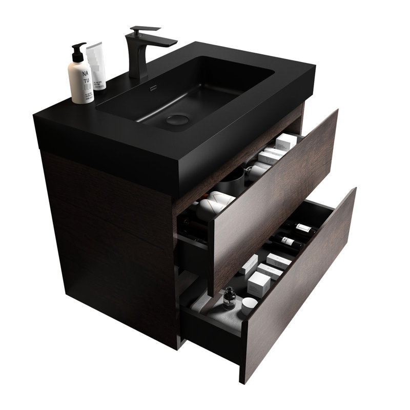 Bathroom Vanity Walnut - Ample Storage, Silent Drawers, Elegant Design 30" With Sink Spacious Contemporary Style, Black Basin, Pre-Assembled