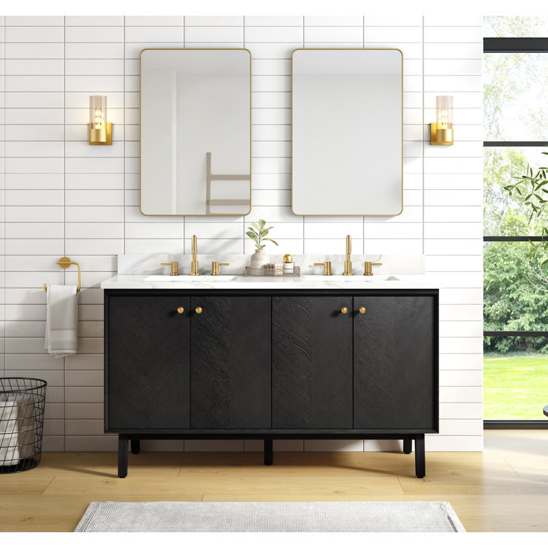 Adele 60" Free Standing Double Bathroom Vanity with Quartz Top, Gold, Black