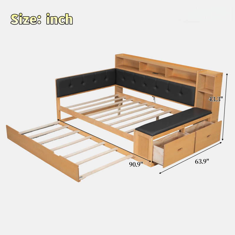 Comfortable Daybed With Trundle, Storage Shelves, Bench, Charging Station And Upholstered Headboard, Black/Natural