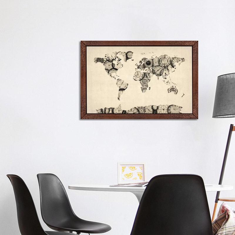 Map Of The World Map From Old Clocks by Michael Tompsett - Floater Frame Print on Canvas, 101.6 cm H x 66.04 cm W