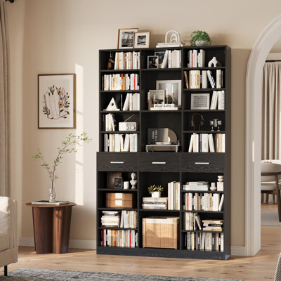 Bookcase with 3 Drawers & Open Cubbies, Modern Freestanding Storage Bookshelf with Multi Compartments, Display Cabinet for Living Room, Home Office