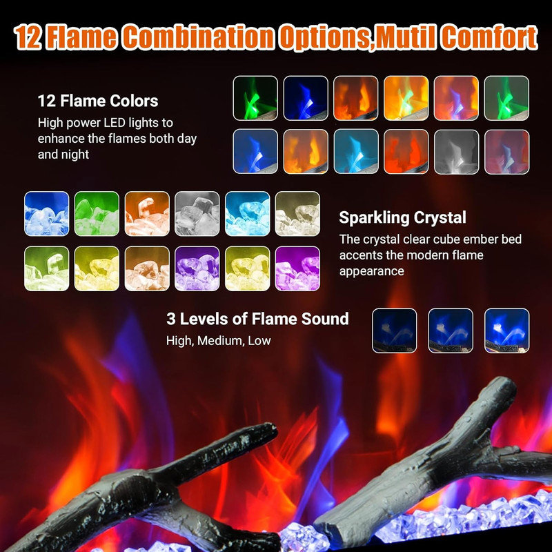 50" Smart WiFi Electric Fireplace - Recessed/Wall Mounted with Remote, 13 Ember Colors, Touch Screen
