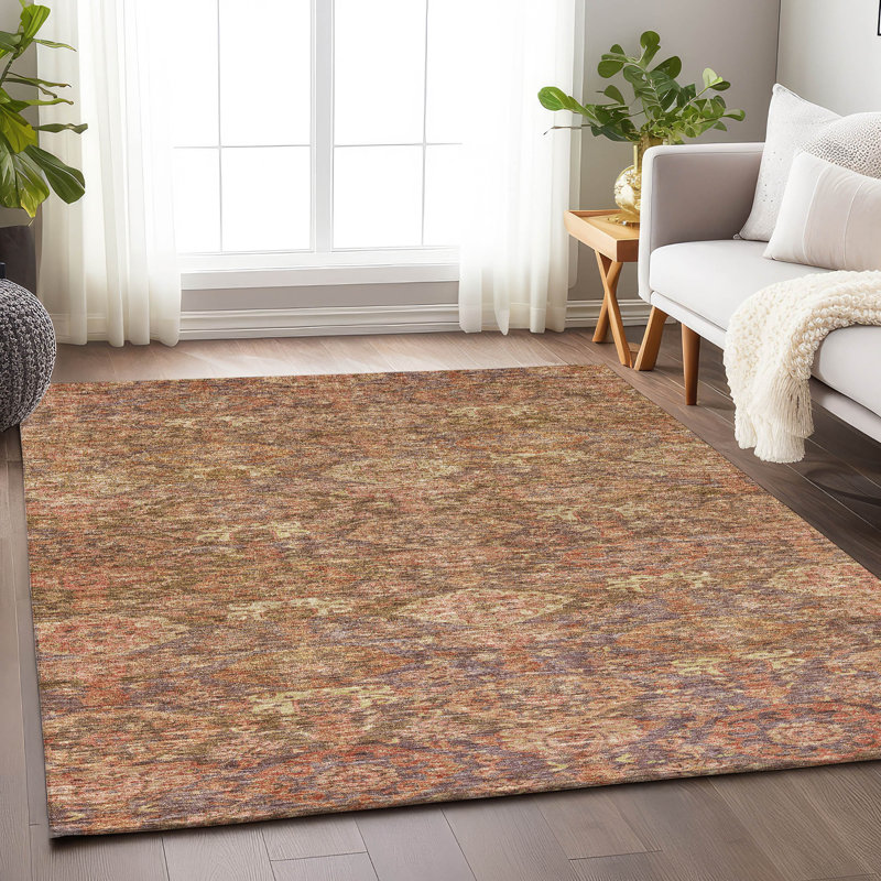 Red Synthetic Washable Rectangular 8' x 10' Damask Area Rug