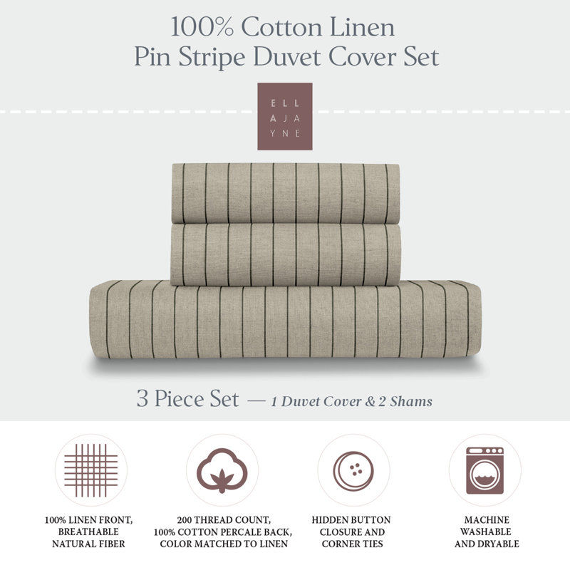 Natural Black Cotton Pinstripe King/Cal King Duvet Cover Set
