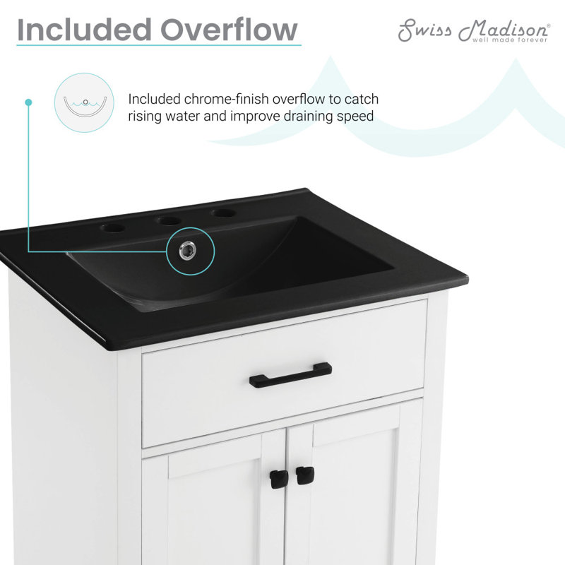 Burdon Meuble-lavabo de salle de bain avec comptoir en céramique à 3 trous, Noir, Blanc, Chrome poli