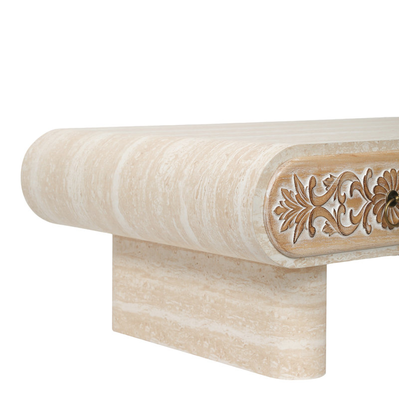 Table basse moderne aux bords arrondis avec tiroir en bois massif et motif floral, beige et jaune, largeur 60 cm, table de rangement astucieuse, lignes épurées, tons chauds, 100 cm L x l 35 cm H, idéale pour les petits espaces