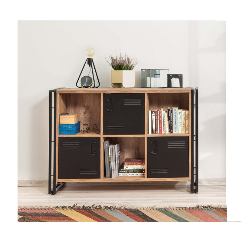 Bibliothèque industrielle avec cadre en métal et portes plaquées, pin atlantique et noir, 49,6 x 35,0 x 13,8 pouces | Panneau de particules 100% enduit de mélamine, durable et élégant | Nombreuses tablettes murales pouvant supporter 88 lb